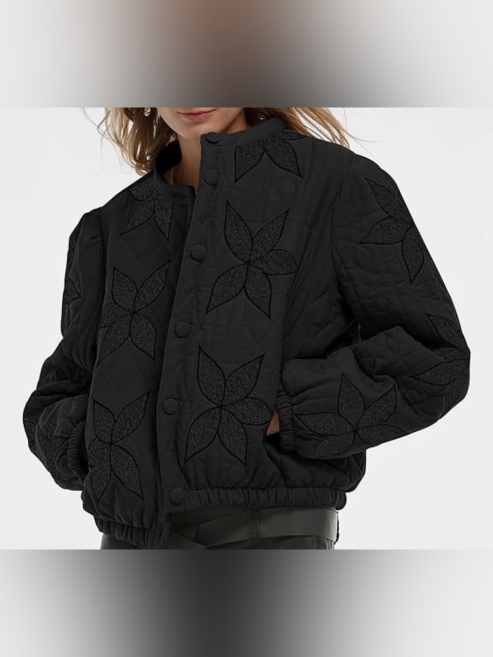 Floral Embroidered Cropped Quilted Jacket.  Button Down Puffer with Pockets